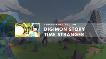 Artwork for a "Strategy Battle Guide: Digimon Story Time Stranger" showing a character aiming a shot in a grassy, rocky outdoor area.