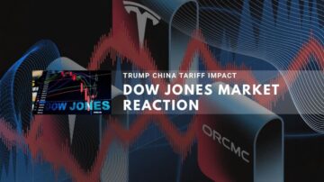 Abstract financial graphic showing market charts and the Dow Jones market reaction.