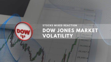 Dow Jones market volatility with red logo showing downward trend amid stock charts