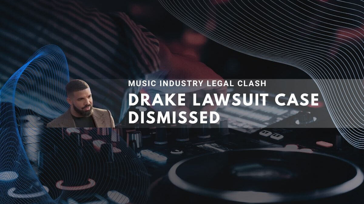 DJ equipment with abstract curves and grid patterns in tech scene showing Drake lawsuit dismissed