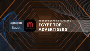 Yougov Egypt Ad Rankings infographic showing top advertisers like Amazon Egypt on a dark background.