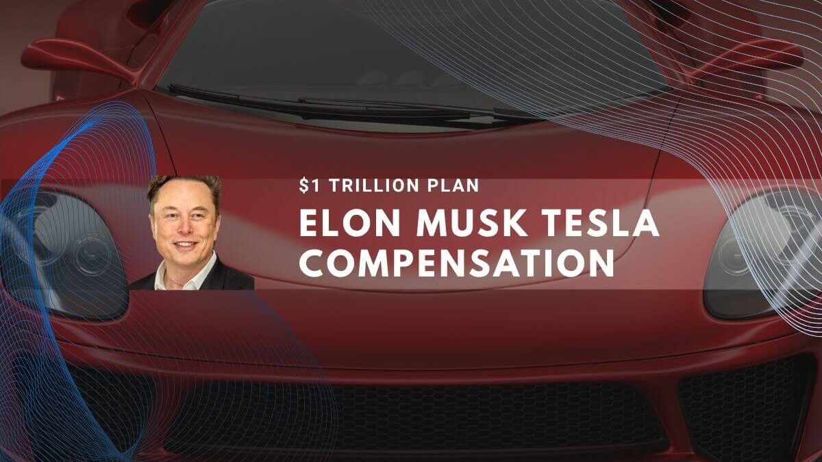 Elon Musk with a red Tesla and text about his $1 trillion compensation plan.