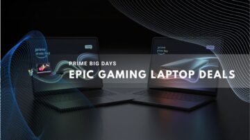 Shopper browsing gaming laptops with sale prices on screen