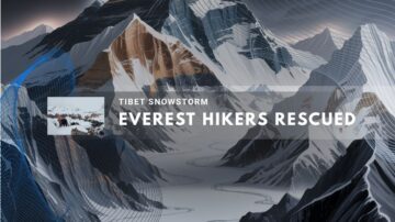 Snow-covered Everest range with rescue teams in motion