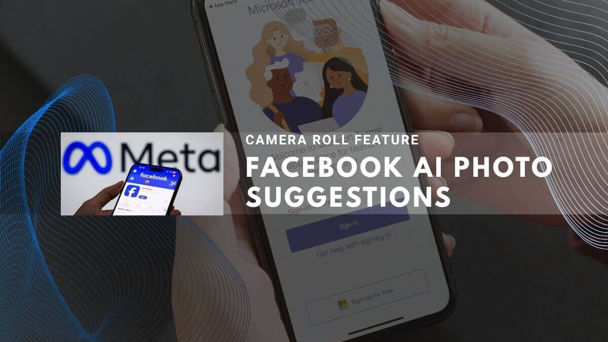 Hand holding smartphone with Facebook AI Photo Suggestions feature and Meta logo