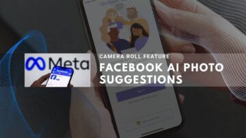 Hand holding smartphone with Facebook AI Photo Suggestions feature and Meta logo