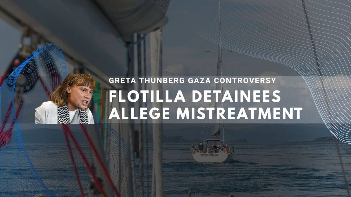 Maritime scene with sailboats, text about Greta Thunberg and detainee mistreatment.