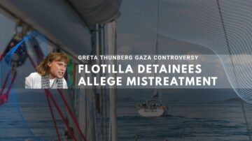 Maritime scene with sailboats, text about Greta Thunberg and detainee mistreatment.