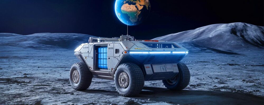 Illustration of the Lunar Terrain Vehicle designed for NASA's Artemis program with advanced battery technology.