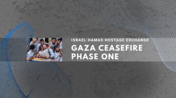 Gaza ceasefire announcement with Israel-Hamas hostage exchange details on textured background.