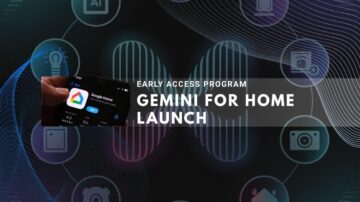 Smartphone screen showing a "Google Home" app listing, surrounded by smart home icons.