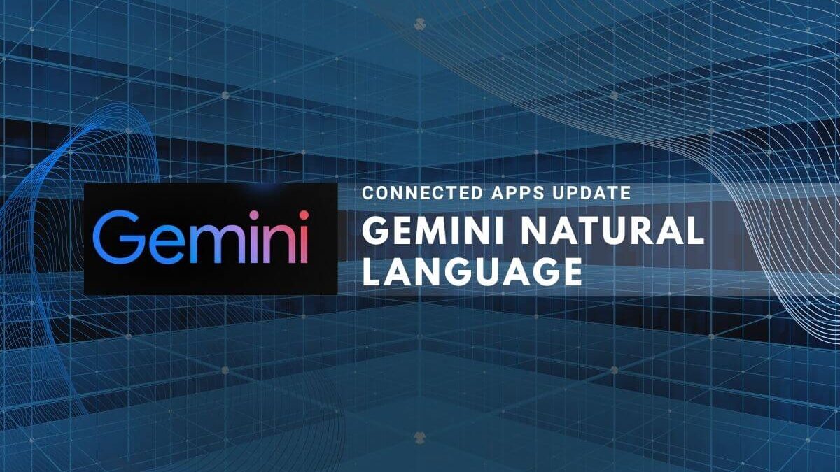 Gemini Natural Language app update displayed on a futuristic blue grid background.