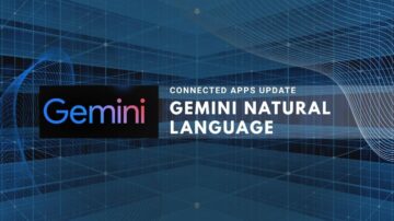 Gemini Natural Language app update displayed on a futuristic blue grid background.