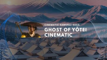 samurai character with a straw hat over a snowy village, Mount Yōtei in the background.