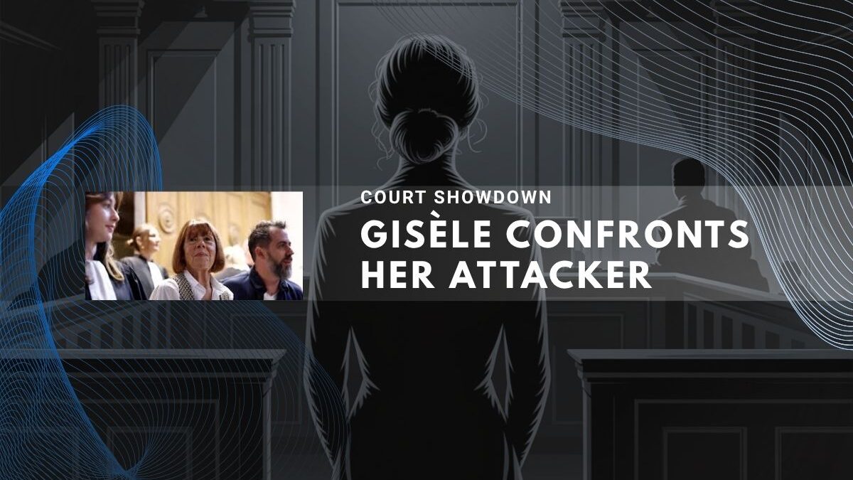 Woman in courtroom confronting attacker with showdown text