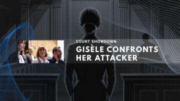 Woman in courtroom confronting attacker with showdown text
