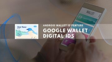 Smartphone showing Google Wallet digital ID feature with simulated ID card display.