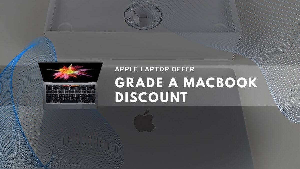 Grade A MacBook discount promotion with silver laptop, packaging box and offer details