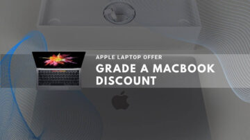 Grade A MacBook discount promotion with silver laptop, packaging box and offer details