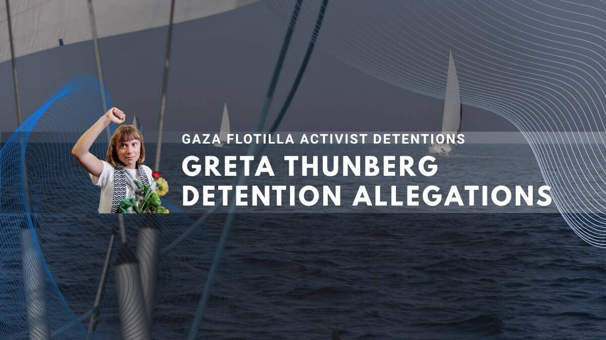 Activist on sailboat with fist raised, text about Gaza flotilla detention allegations.