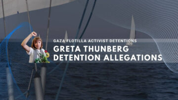 Activist on sailboat with fist raised, text about Gaza flotilla detention allegations.