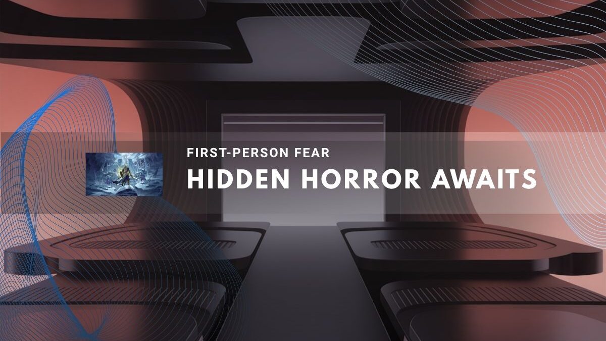 Dark futuristic hallway with eerie lighting and game imagery