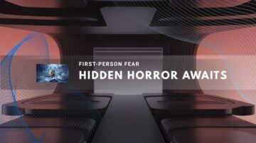 Dark futuristic hallway with eerie lighting and game imagery