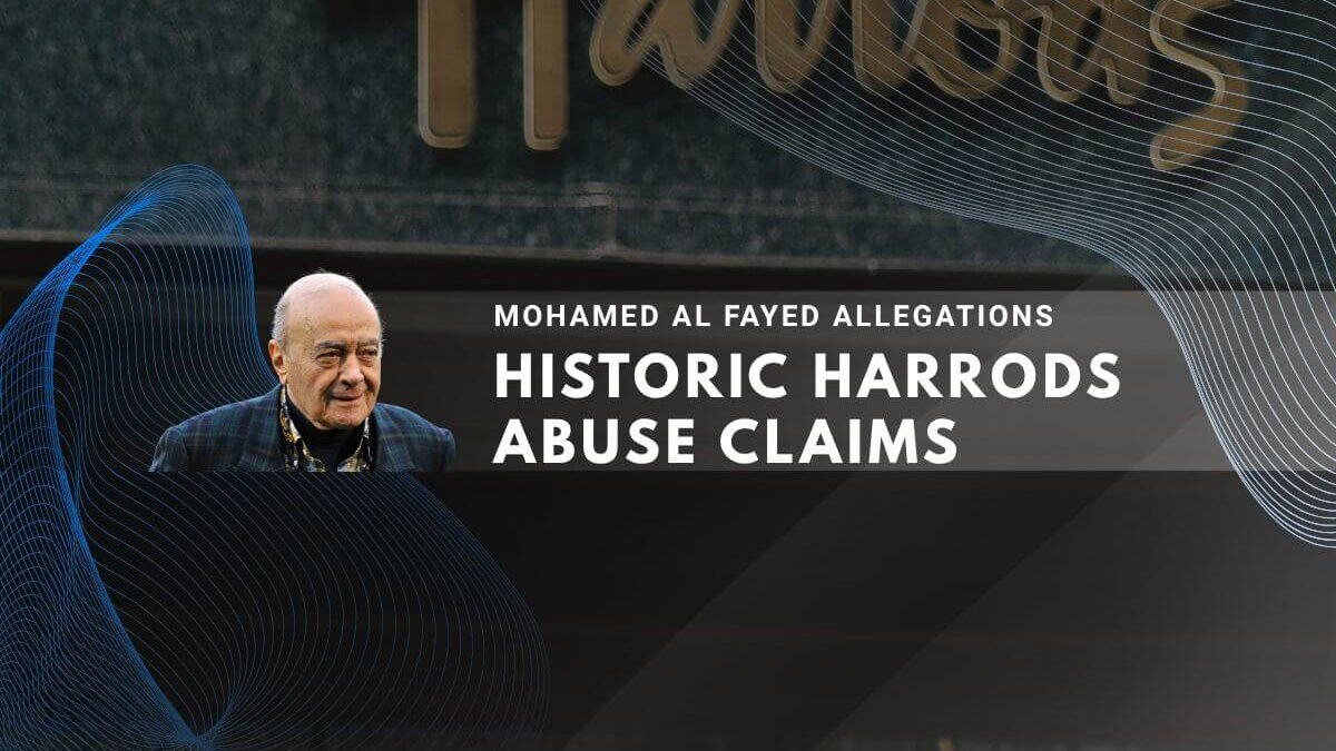 Harrods logo with portrait and text about Mohamed Al Fayed abuse allegations.