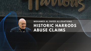 Harrods logo with portrait and text about Mohamed Al Fayed abuse allegations.