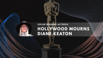 Diane Keaton graphic with an Oscar statue, referencing the actress being mourned by Hollywood.