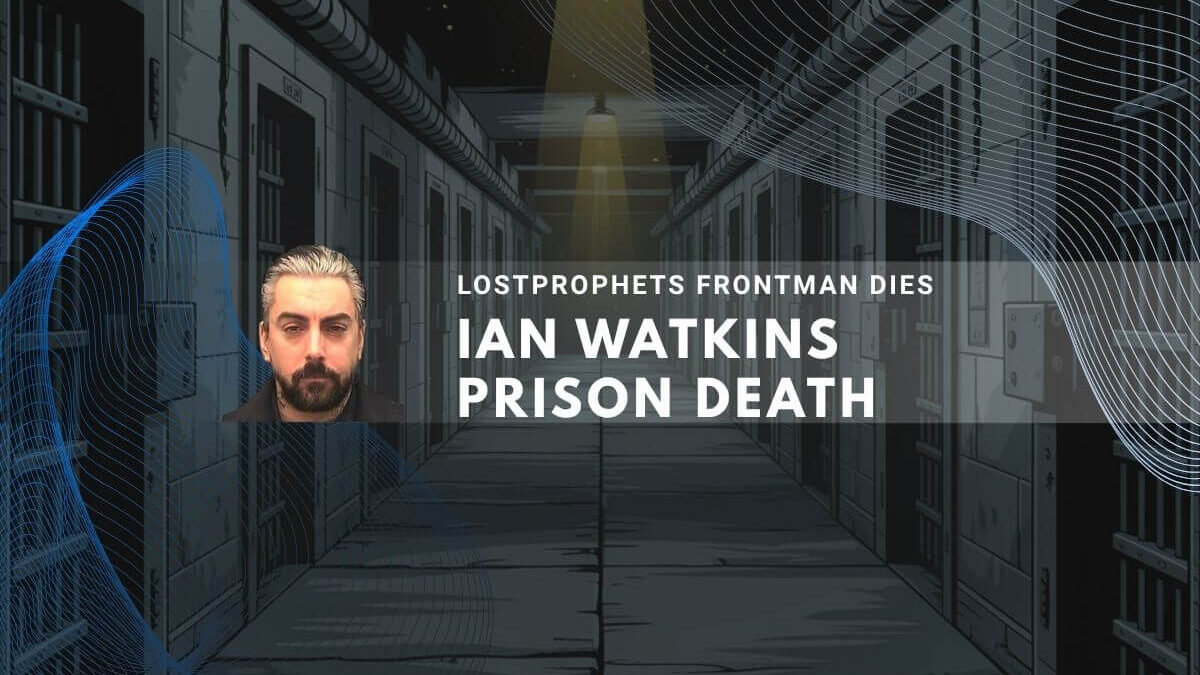 Illustrated image of an empty, dimly-lit prison corridor with a photo inset of Ian Watkins.