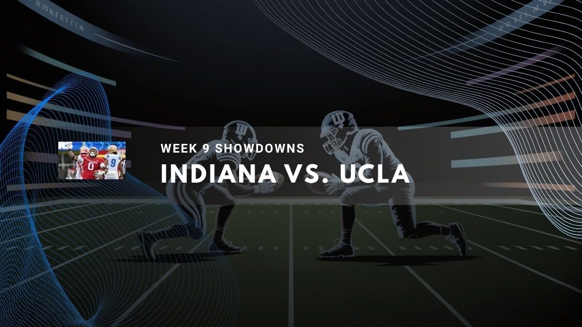 Two football players face off on a stadium field under bright lights