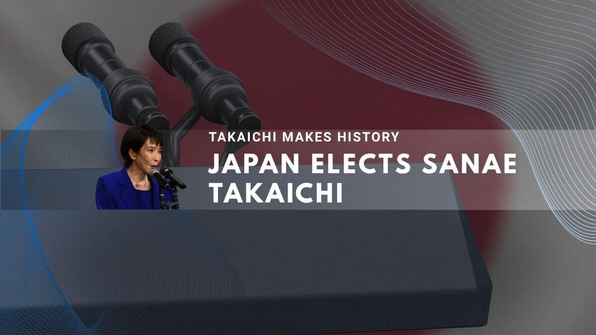 Sanae Takaichi speaking at podium with microphones, Japanese flag elements visible.