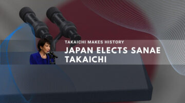 Sanae Takaichi speaking at podium with microphones, Japanese flag elements visible.
