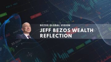 Portrait of Jeff Bezos overlaid on a dynamic background of stock market charts.