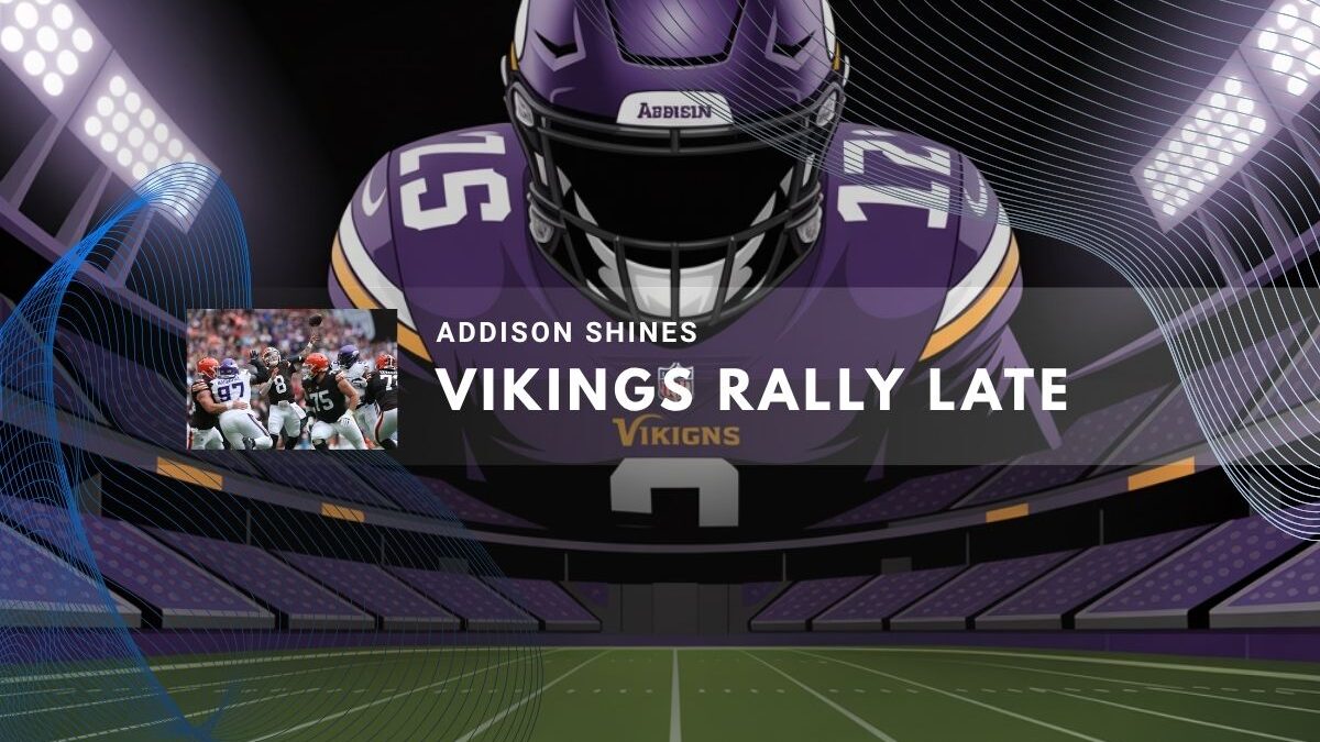 dramatic scene of a football stadium during a game, featuring a player in Vikings gear