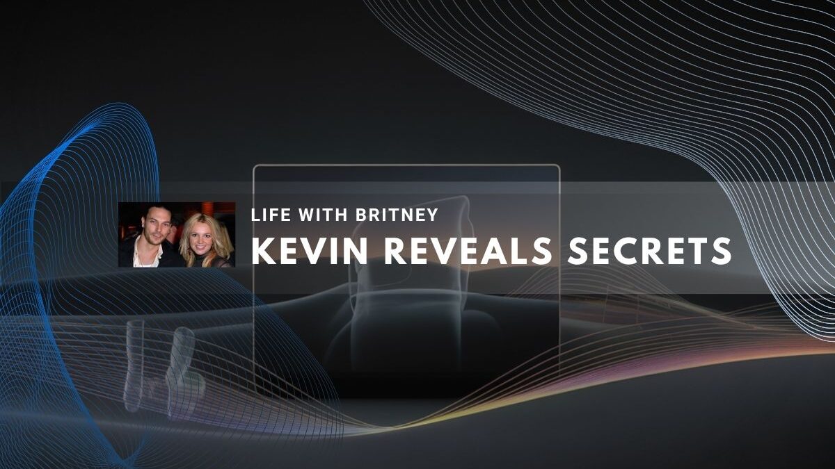 sleek graphic featuring digital designs and waves, highlighting the text about Kevin revealing secrets related to Britney.