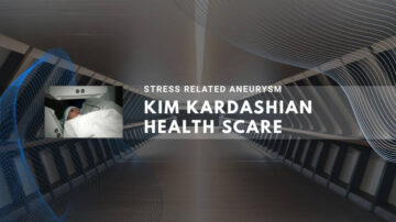 A medical scene showing Kim Kardashian's health scare from a stress-related aneurysm.