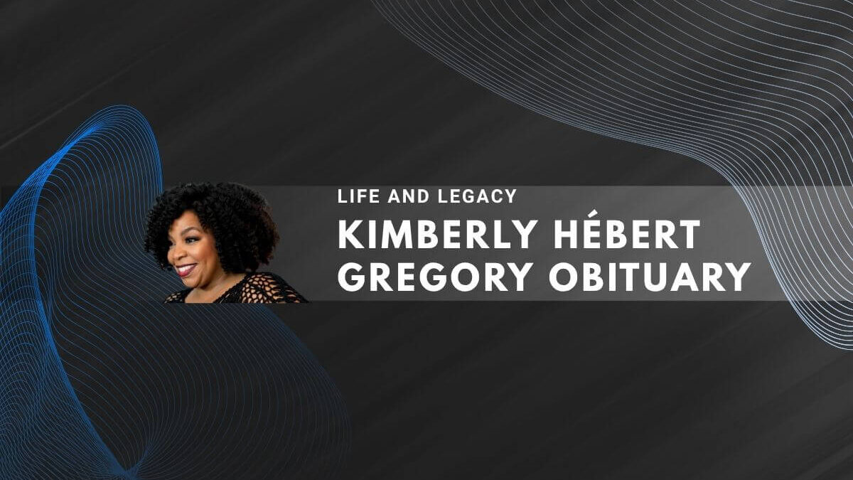 Kimberly Hébert Gregory obituary design with dark background and blue wavy lines