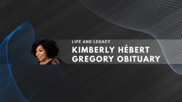 Kimberly Hébert Gregory obituary design with dark background and blue wavy lines