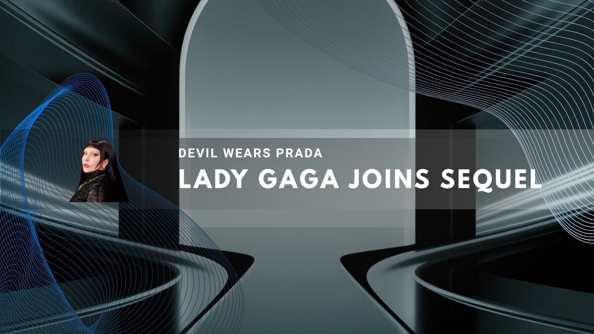 Lady Gaga posing against a sleek, modern background design