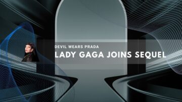 Lady Gaga posing against a sleek, modern background design