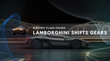 sleek illustration of a Lamborghini sports car with abstract tech lines and a background featuring a crossover SUV