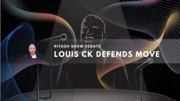 graphic depicting Louis CK with a stage background and colorful waves