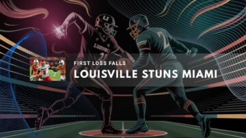 dynamic illustration of two football players in a competitive stance, with abstract tech graphics in the background