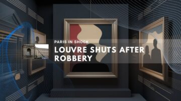 stylized interior of an art gallery featuring empty frames and abstract figures