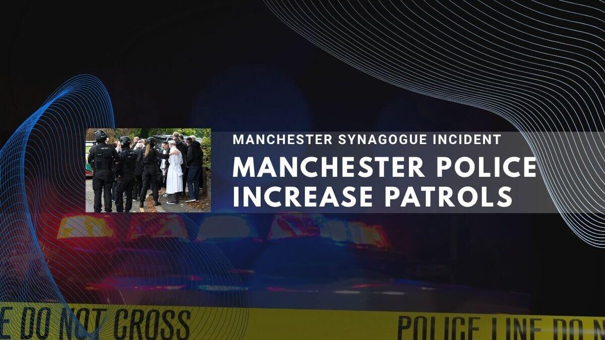 Police with yellow tape at synagogue incident, increased patrols in Manchester.