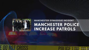 Police with yellow tape at synagogue incident, increased patrols in Manchester.