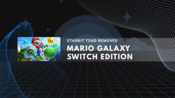 A dark, futuristic-looking image featuring Mario, Luigi, and Yoshi with the text "Starbit Toad Removed Mario Galaxy Switch Edition.
