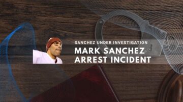 Mark Sanchez arrest investigation with legal elements on wooden background
